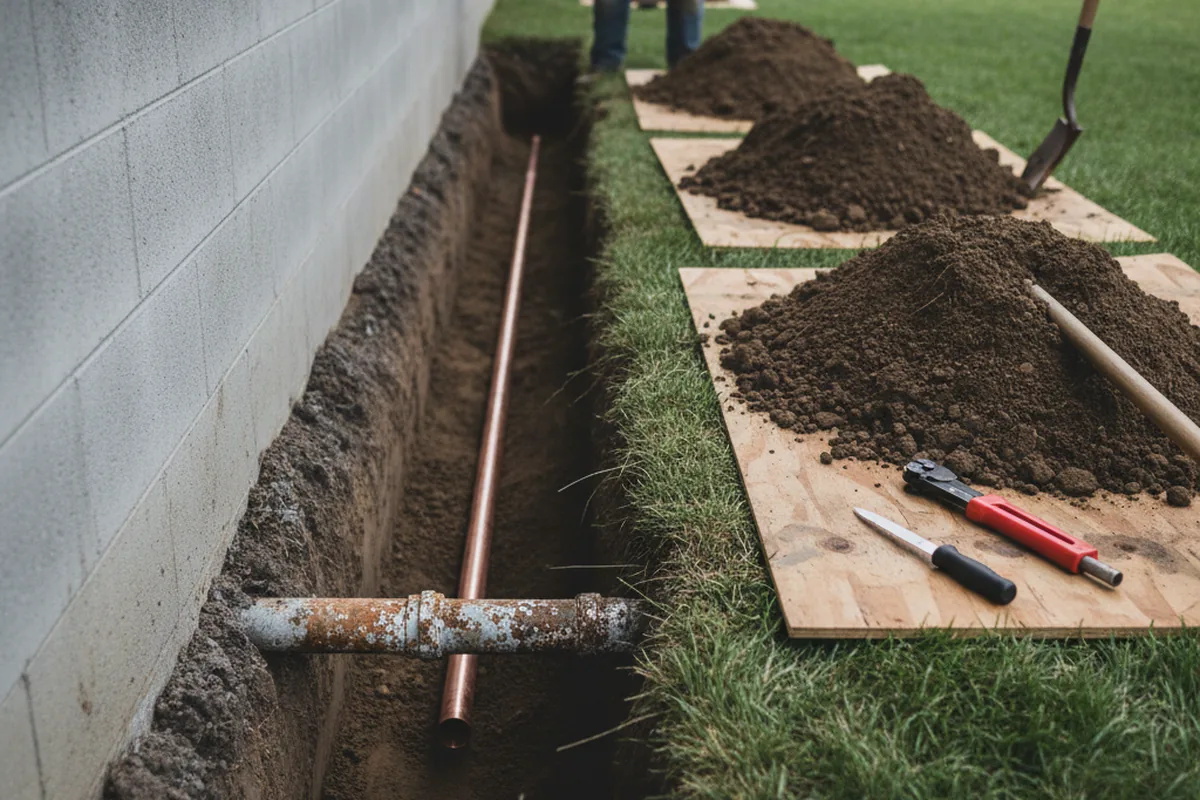 Excavated water line trench during Water Heater Repair in McDade